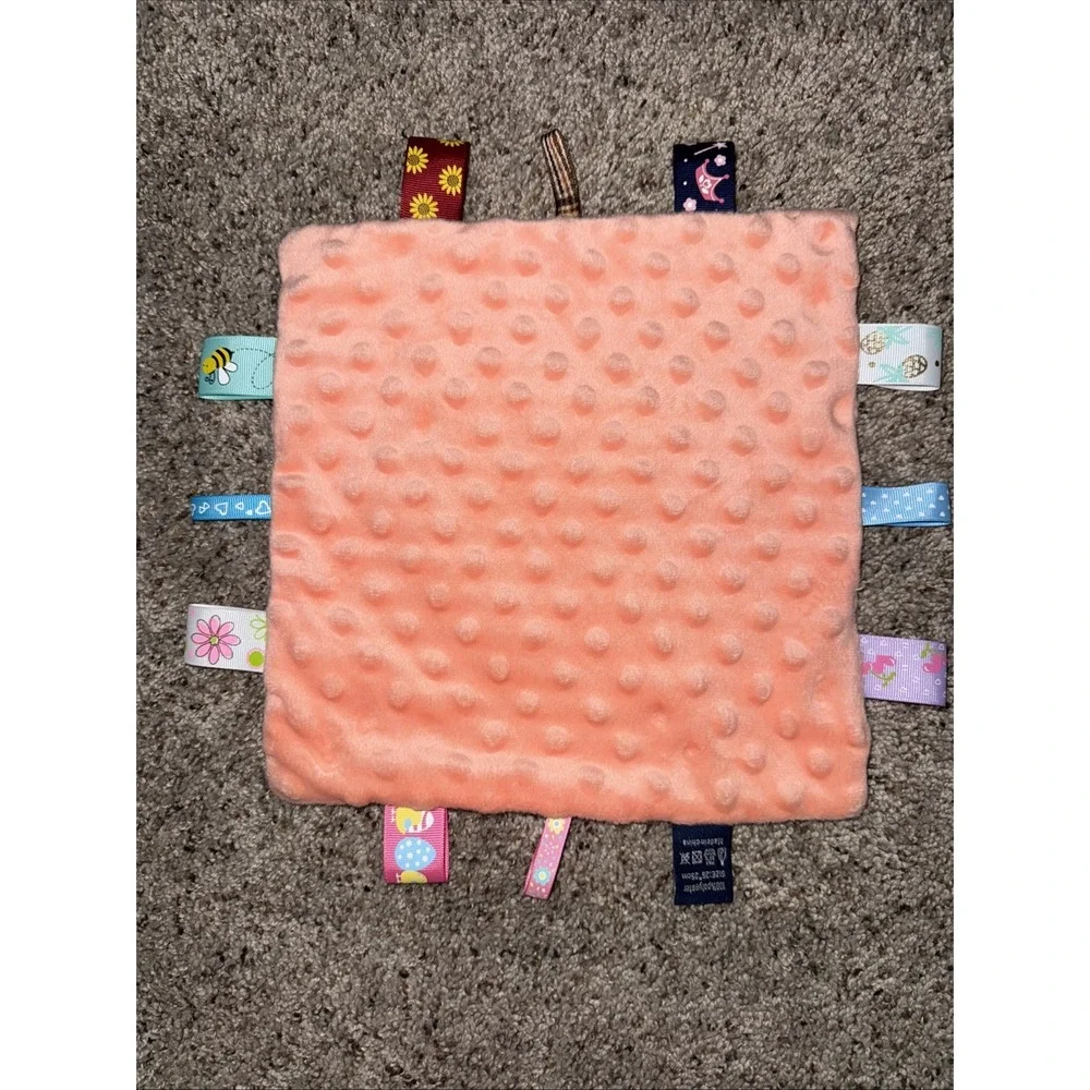 Insular Coral Minky Dots Velour Ribbon Tags Security Blanket Lovey‎ 9x9.5